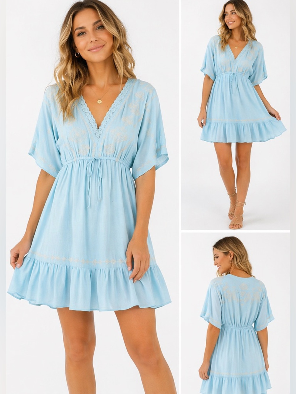 Baevely Light Blue Lace Trim Tie-Front Summer Dress Effortless‎ Swing  Sz Small